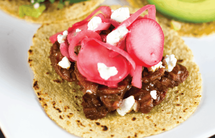 Faux Mole Marinated Carrot Tacos with Pickled Radishes