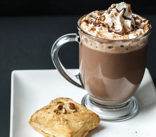 spiced hazelnut hot chocolate paired with pastry