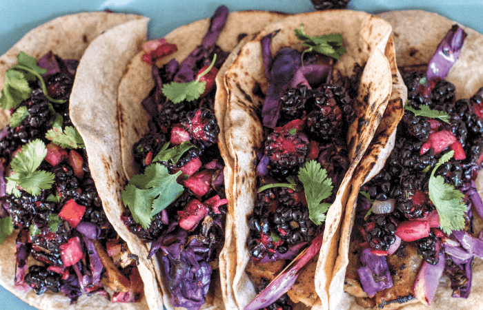 Spicy Mango Chicken Sausage Tacos with Blackberry and Cucumber Salsa