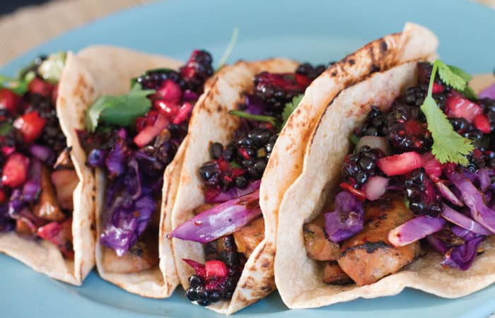 Spicy Mango Chicken Sausage Tacos with Blackberry and Cucumber Salsa
