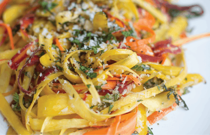 close up of plated 15 Minute Shaved Carrot Salad With Ponzu Dressing