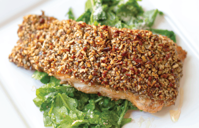 over head shot of plated pecan crusted salmon