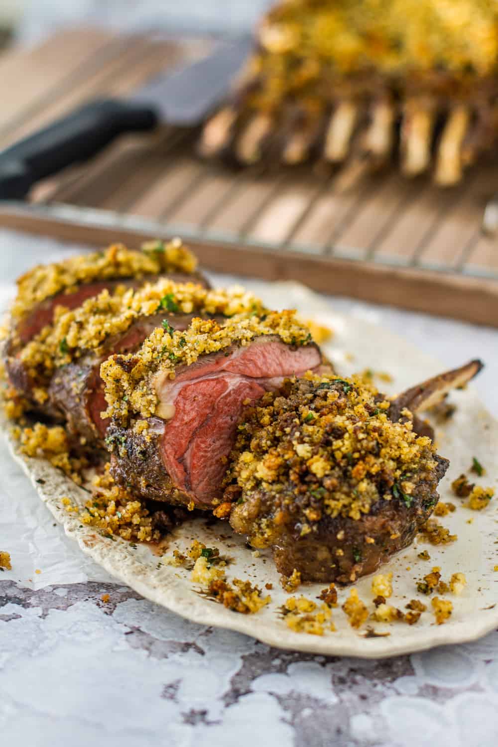 Sliced in chops - Cornbread Crusted Rack of Lamb