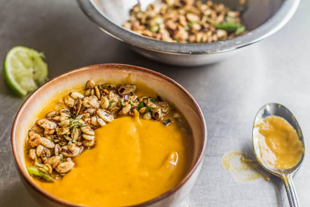 Bowl of Vegan Butternut Squash Soup with Pumpkin Seeds