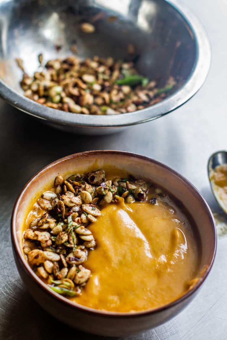 Bowl of Vegan Butternut Squash Soup with Pumpkin Seeds
