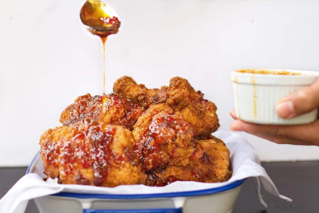 Crispy Fried Chicken with Molasses Pepper Jelly Drizzle | Meiko and The ...
