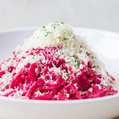 This vibrant Pink Spaghetti with Beet Pesto is deliciously nutty, earthy and full of flavor. The beet pesto is perfect with pasta but can also be used on breads and as a pizza sauce.