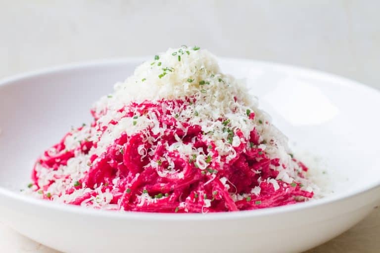This vibrant Pink Spaghetti with Beet Pesto is deliciously nutty, earthy and full of flavor. The beet pesto is perfect with pasta but can also be used on breads and as a pizza sauce.