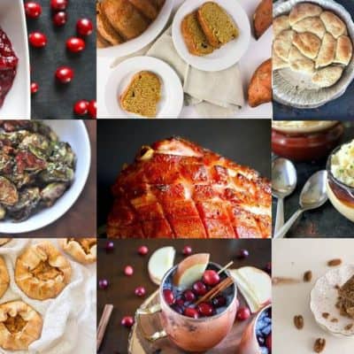 collage of thanksgiving dishes including cranberry sauce, sweet potato bread, biscuits, brussels sprouts, ham, mashed potatoes, tarts, cranberry cocktail and pecan bars.