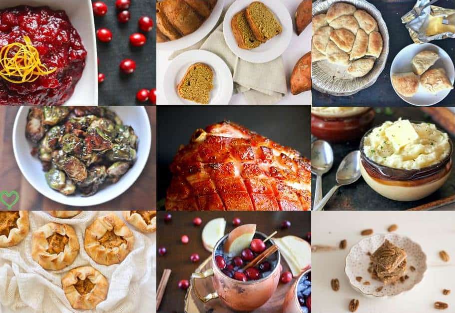 collage of thanksgiving dishes including cranberry sauce, sweet potato bread, biscuits, brussels sprouts, ham, mashed potatoes, tarts, cranberry cocktail and pecan bars.