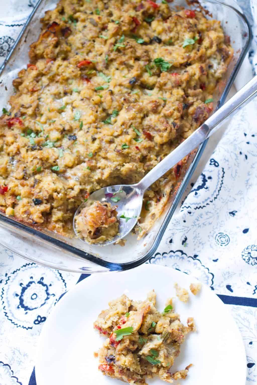 Home-style Turkey Dressing - Moist turkey dressing matched with the perfect blend of cornbread, bread crumbs and savory veggies makes this dish the perfect Thanksgiving side dish.