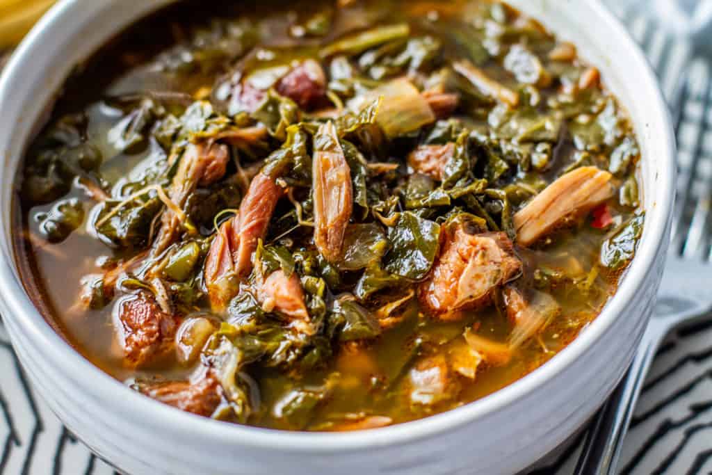 close up of instant pot southern style greens in a bowl