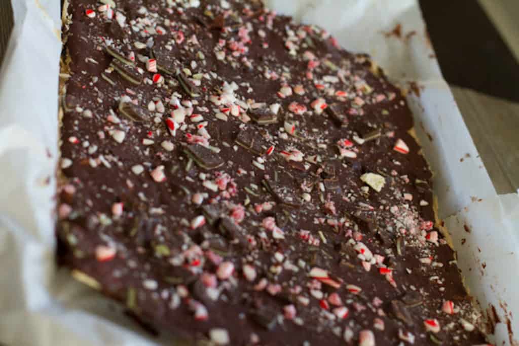 sheet pan of peppermint saltine toffee bark