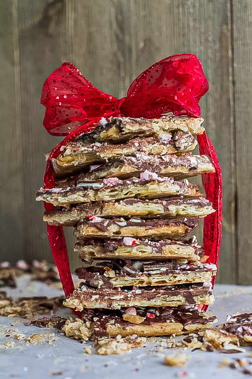stack of peppermint saltine toffee bark