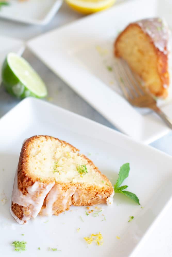 Close up of a large slice of 7up Pound cake drizzled with 7up glaze