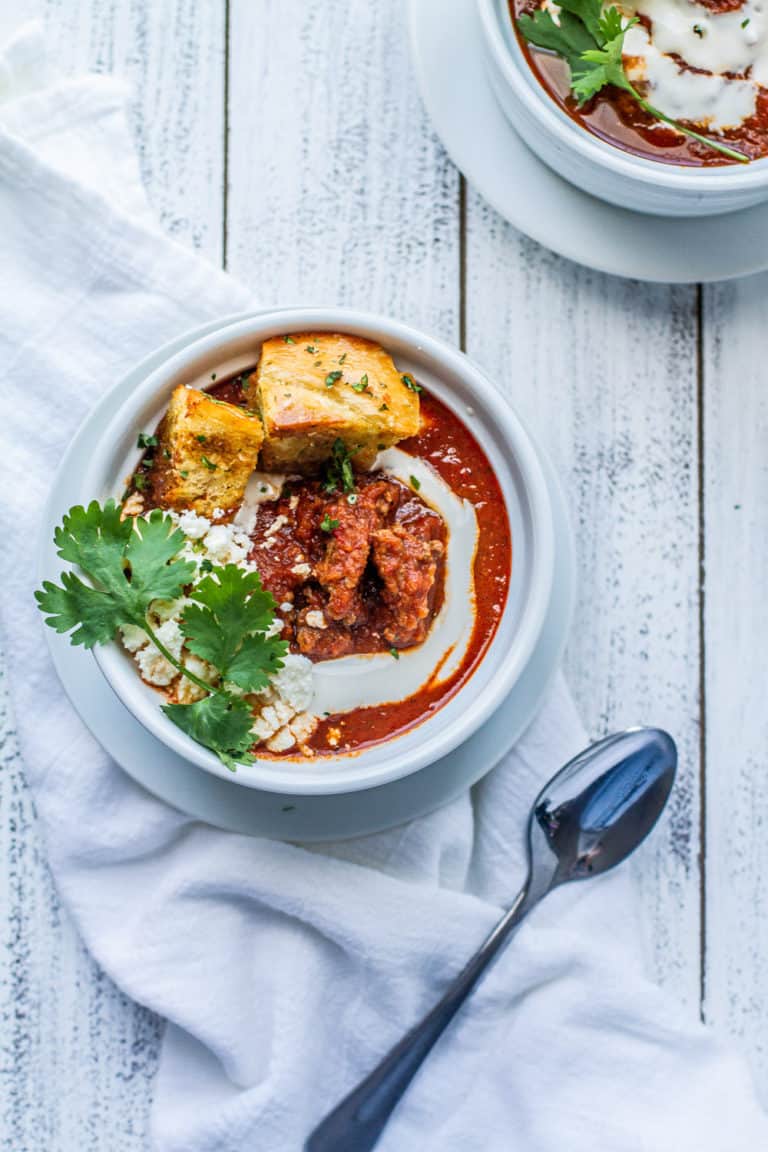 smoky beef and tomato soup with croutons