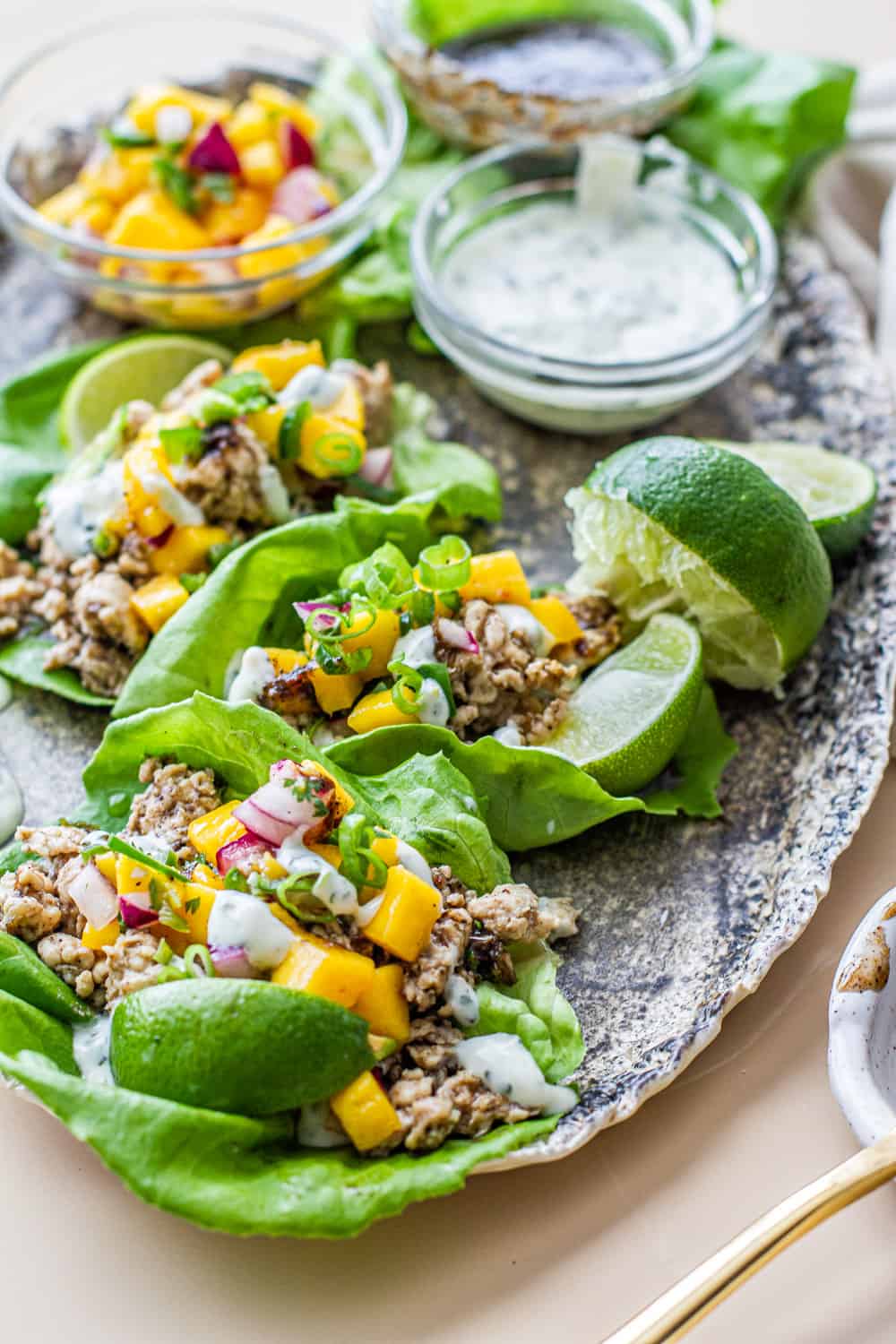 close up of Jerk Chicken Lettuce Wraps on serving trap with mango salsa