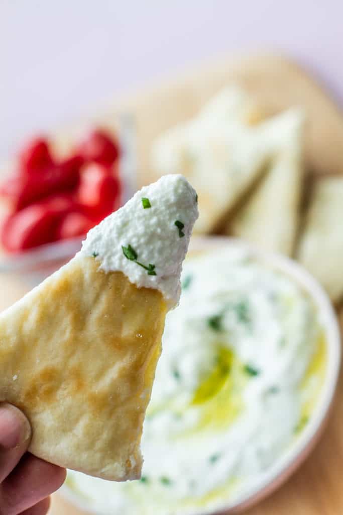 whipped feta on a piece of pita bread
