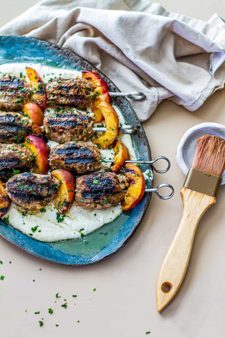 Turkey Kofta Kebab with Grilled Peaches Meiko and The Dish