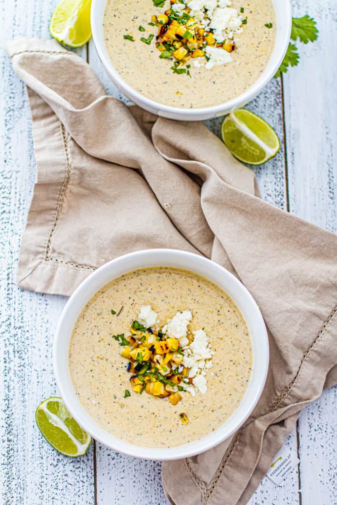 two bowls of elote corn chowder