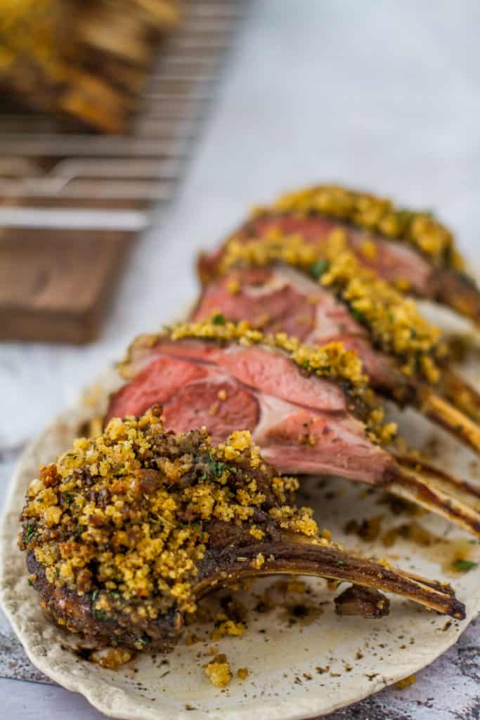 Sliced in chops - Cornbread Crusted Rack of Lamb