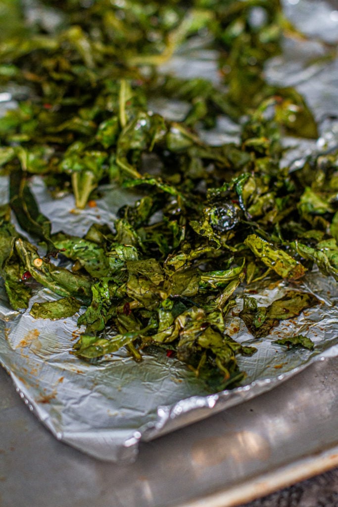 roasted collard greens on sheet pan