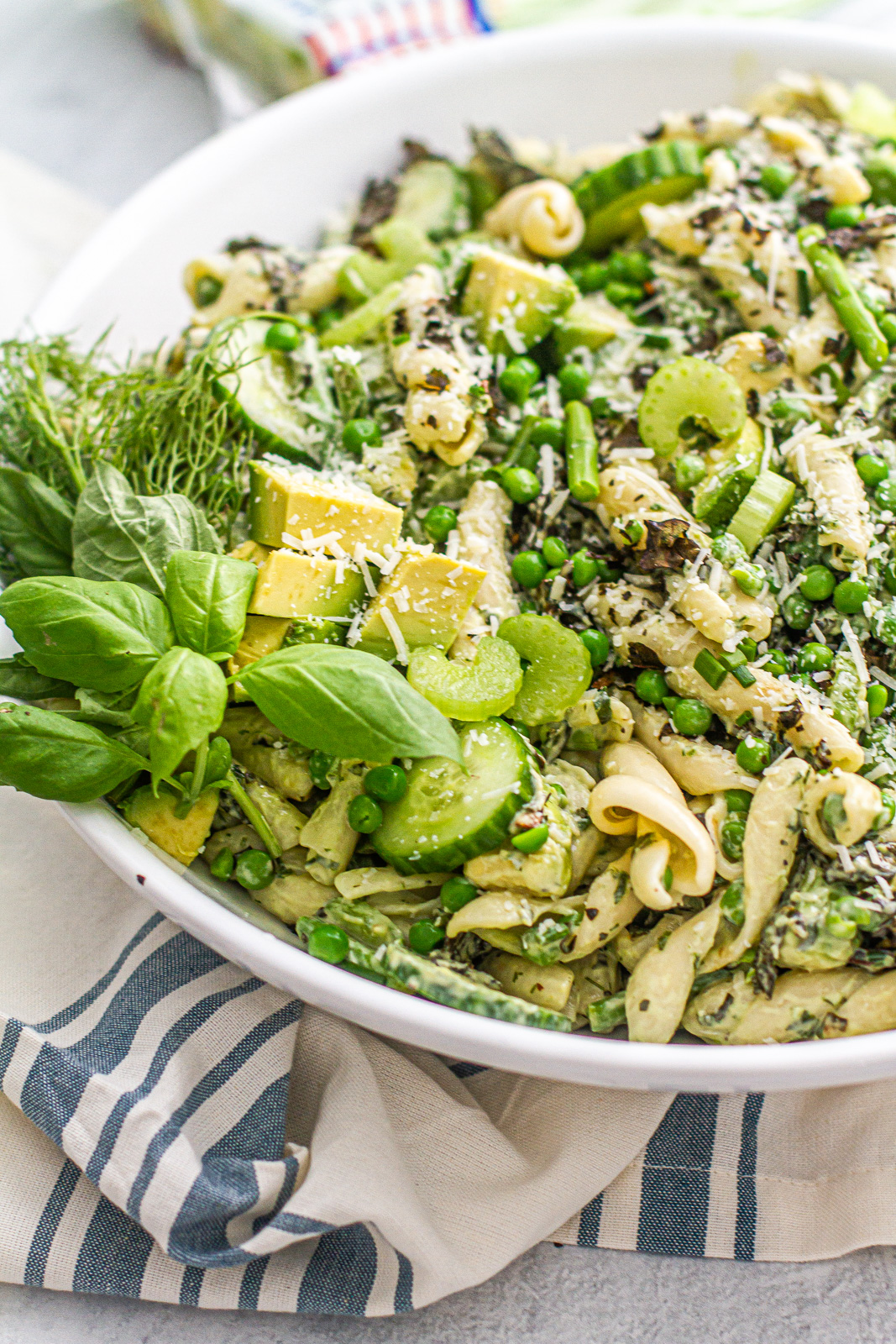 green goddess pasta salad in serving bowl