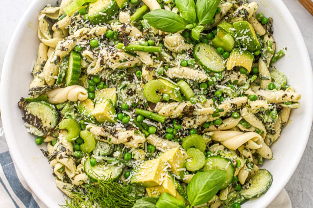 green goddess pasta salad in serving bowl