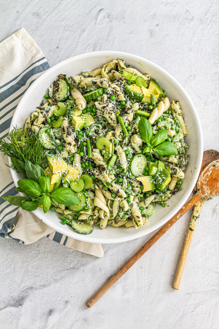 green goddess pasta salad in serving bowl