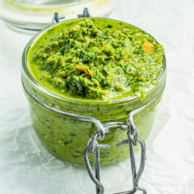 Homemade Green seasoning in a jar