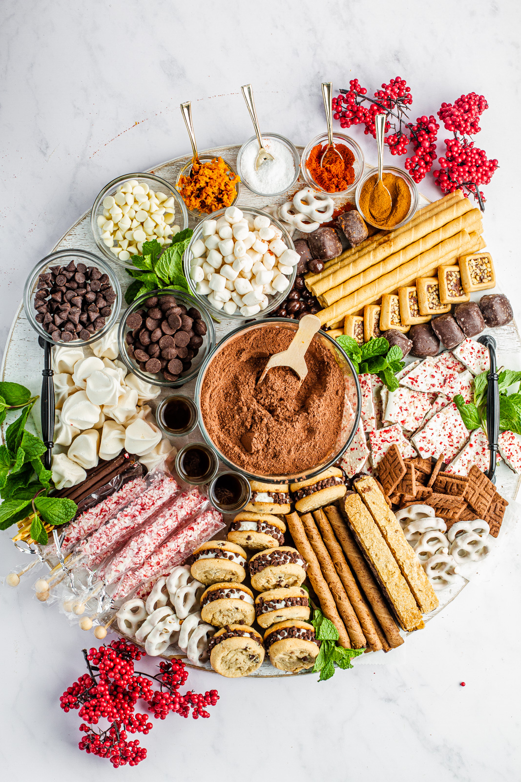 Hot chocolate grazing board with spices, candy, cookies, mint
