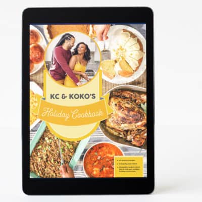 tablet with KC and KOKO HOLIDAY COOKBOOK on screen