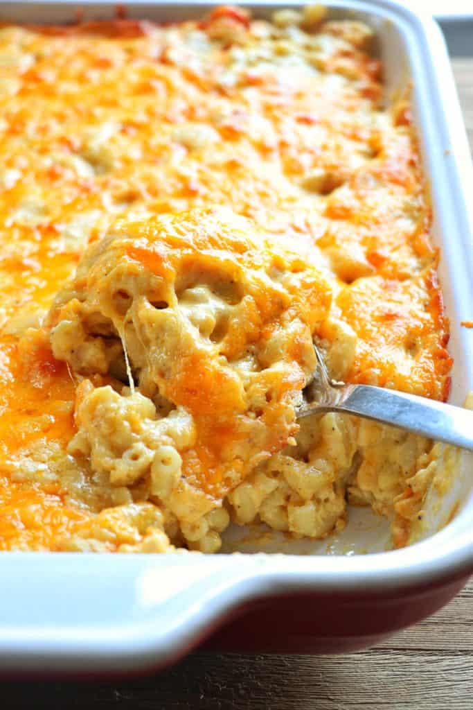 Close up baked mac n cheese in a casserole dish