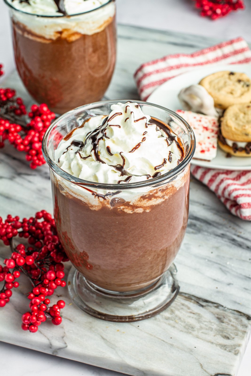 red wine hot chocolate topped with whip cream and chocolate drizzle in mug