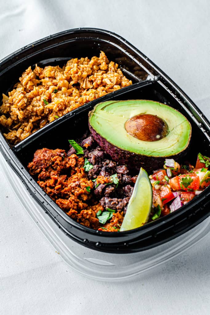 how to meal prep breakfast burrito bowl in storage containers.