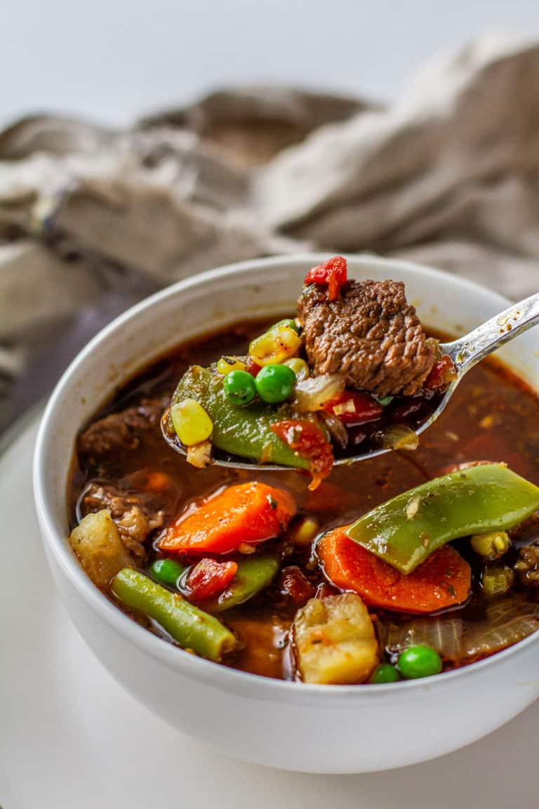 close up of a bowl of vegetable beef soup