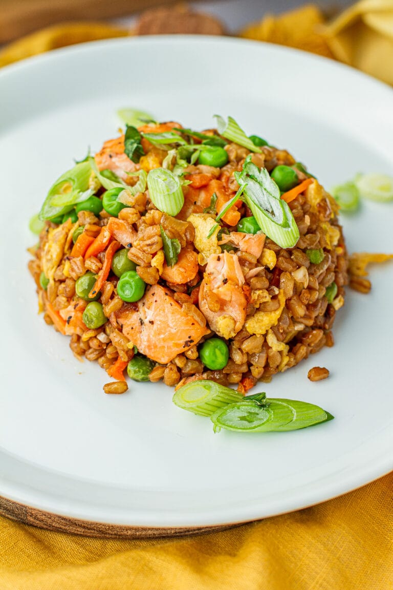 Farro & Salmon Fried Rice on a plate
