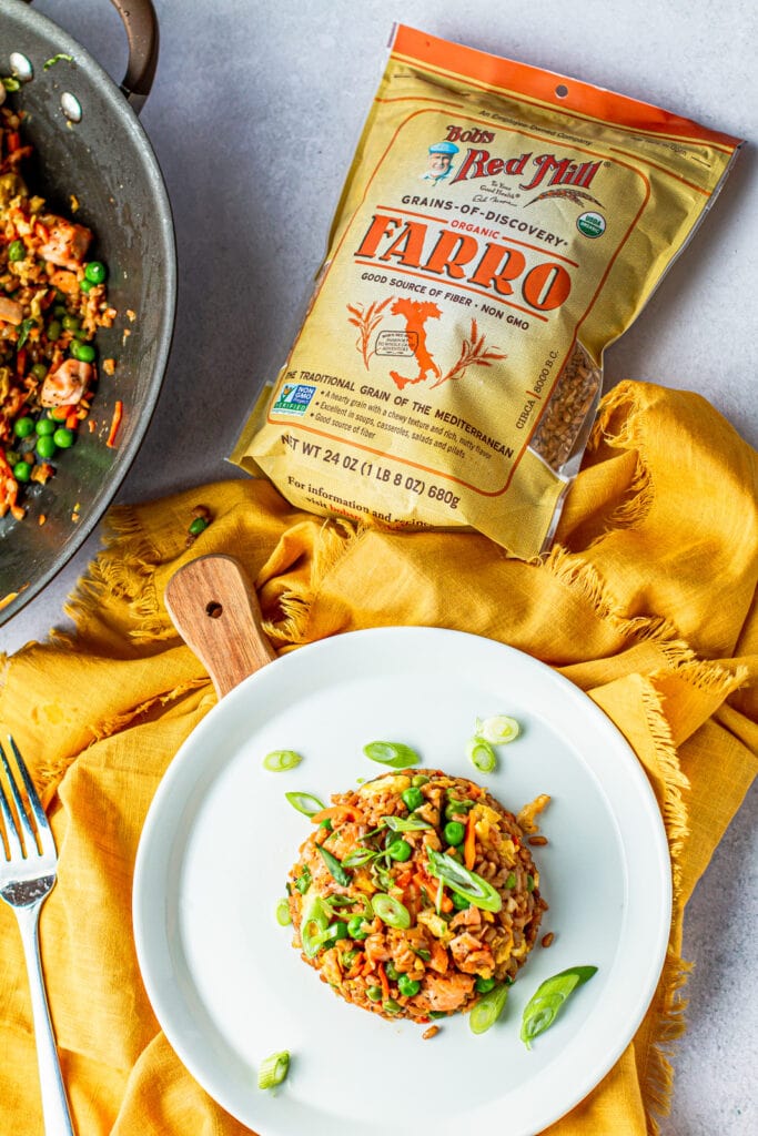 Farro & Salmon Fried Rice in a bowl