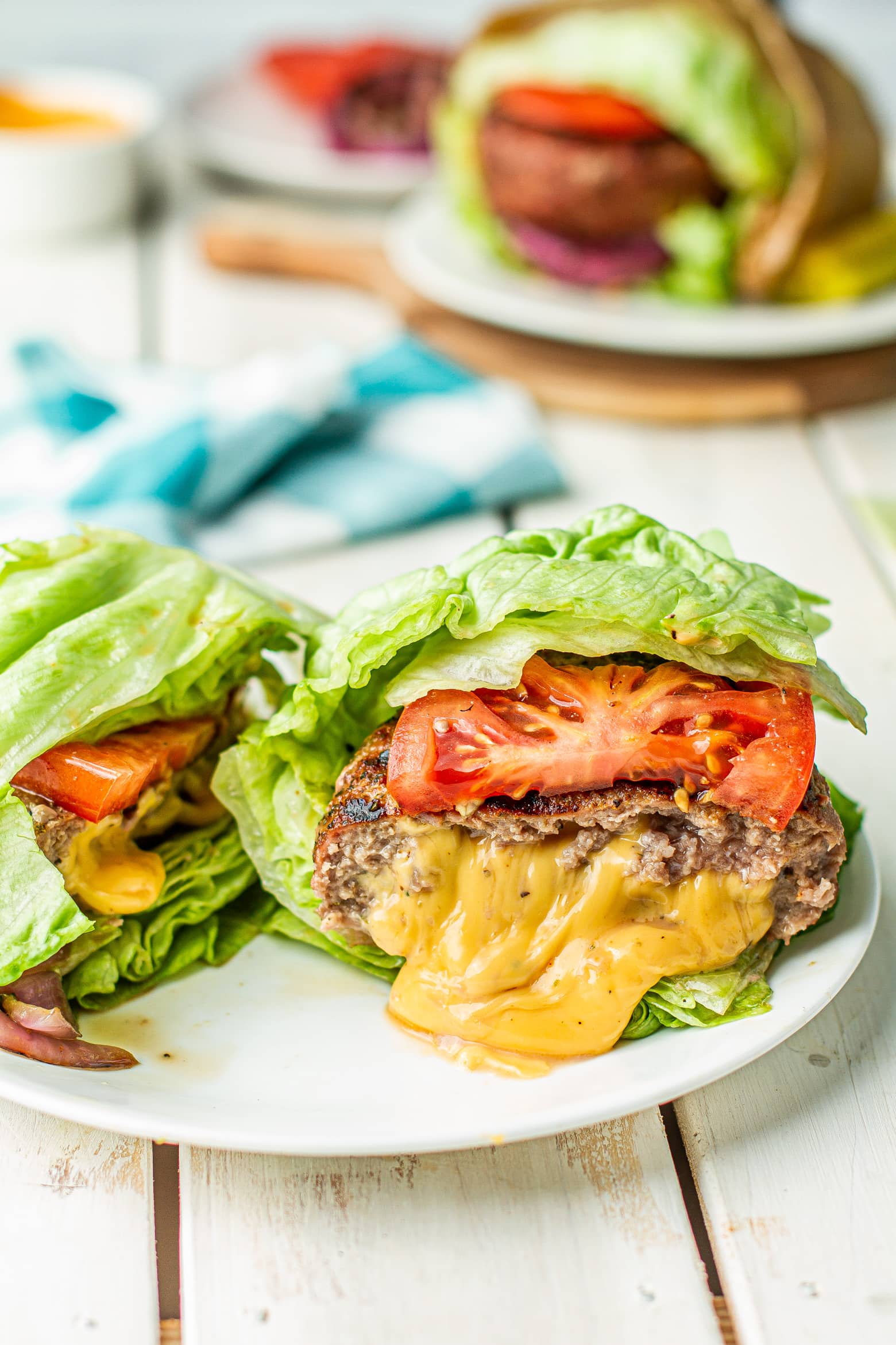 Low Carb Lucy Burger with melted cheese center on plate