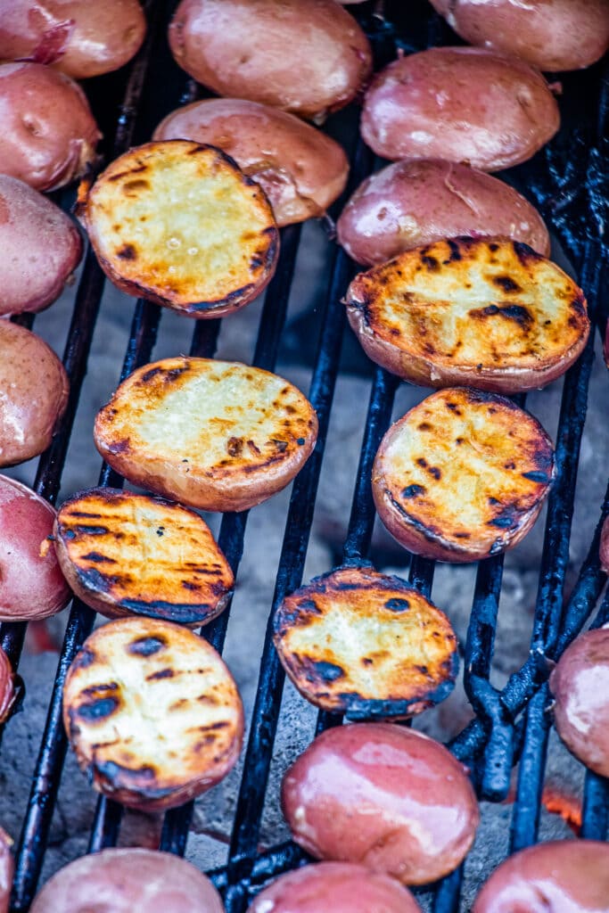 close up of potatoes on the grill