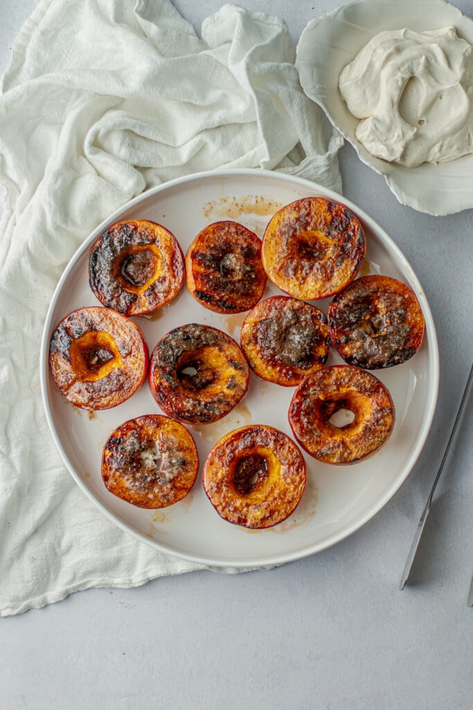 overhead shoot of Brown Sugar Grilled Peaches on a plater