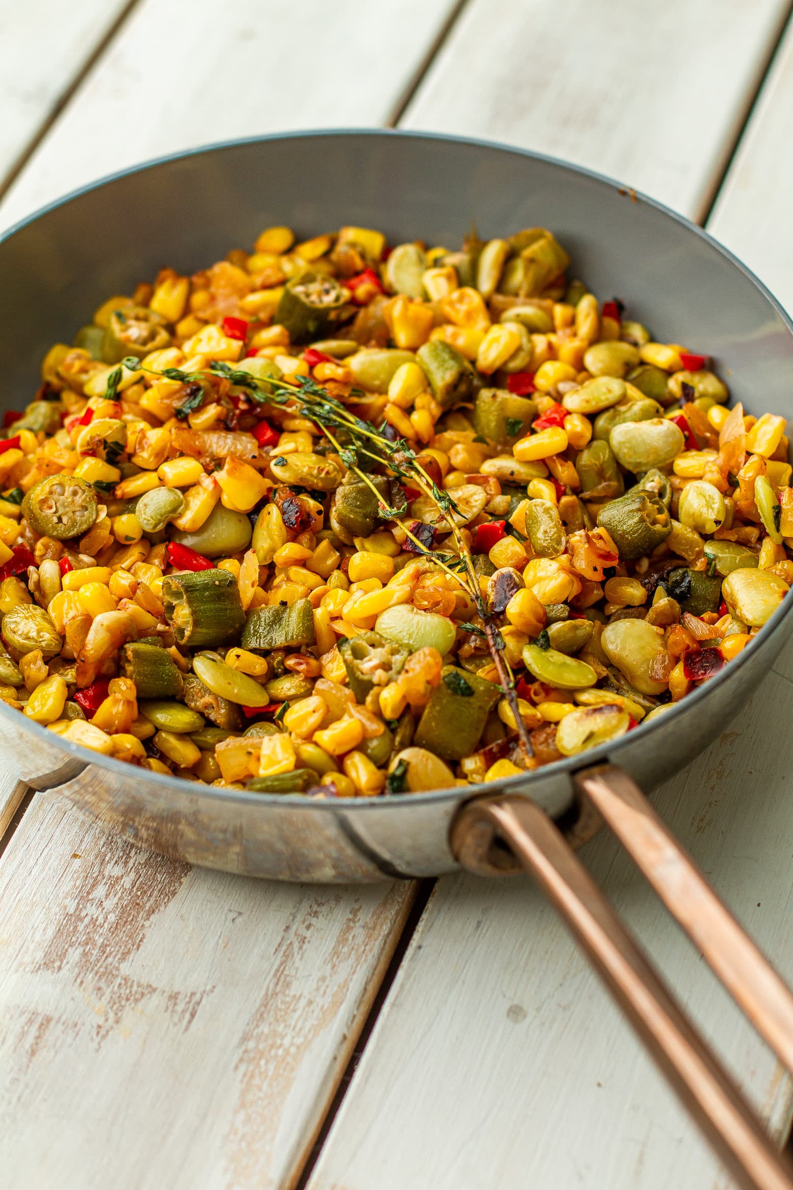 Meatless southern succotash in a skillet okra, lima beans, corn, bell pepper