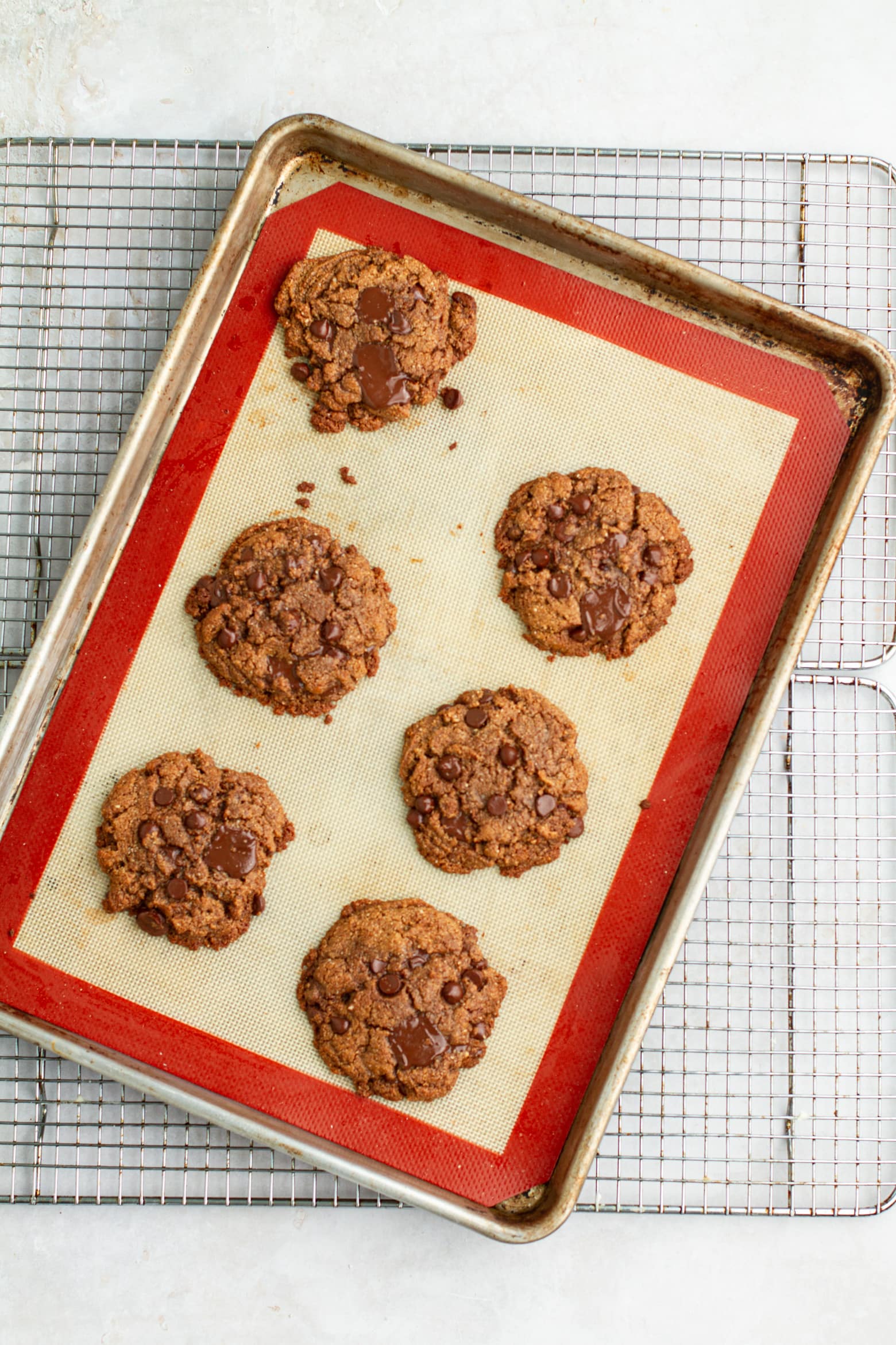 overhead Brown butter almond flour chocolate chip cookies on a cookie sheet