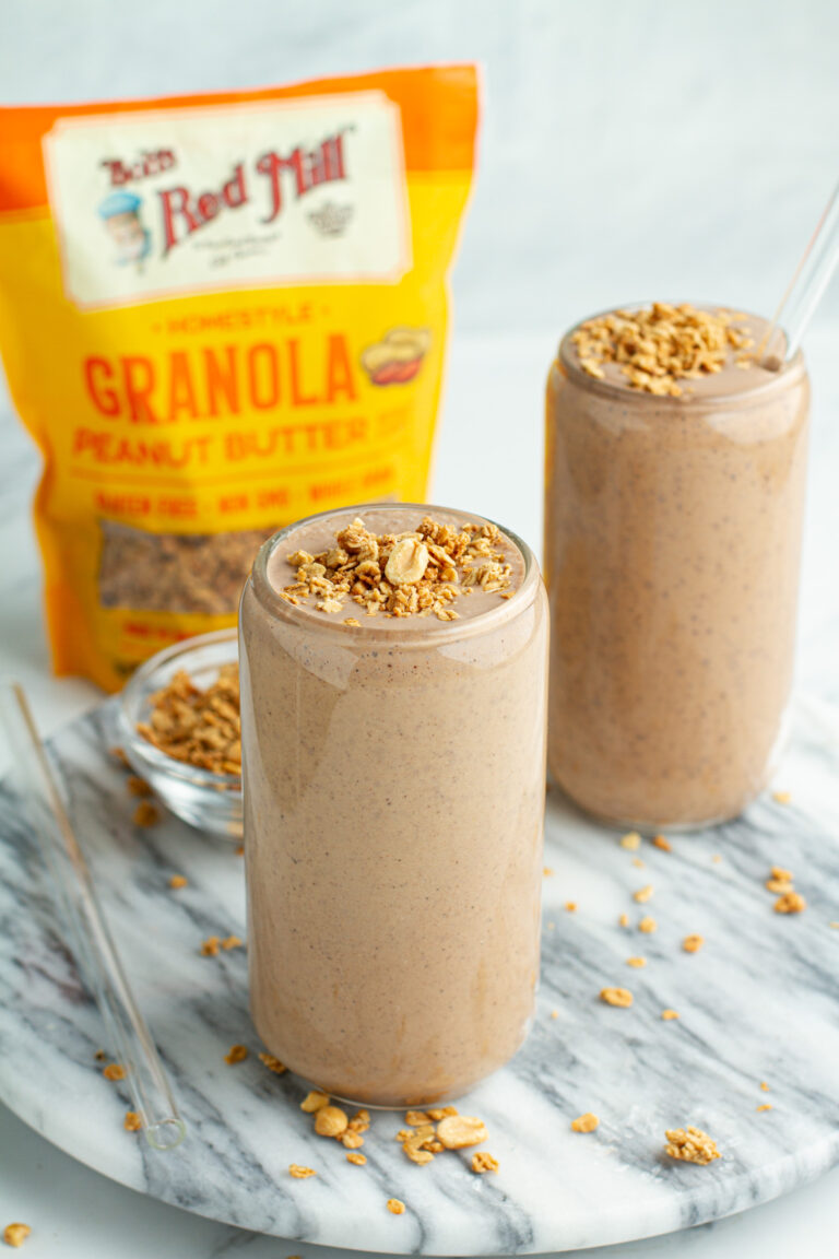 Oatmeal smoothie topped with granola
