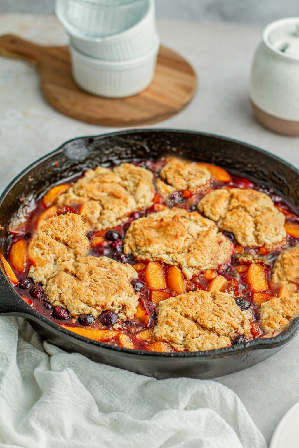 Cast Iron Blueberry Peach Cobbler With Bisquick Recipe | Meiko And The Dish