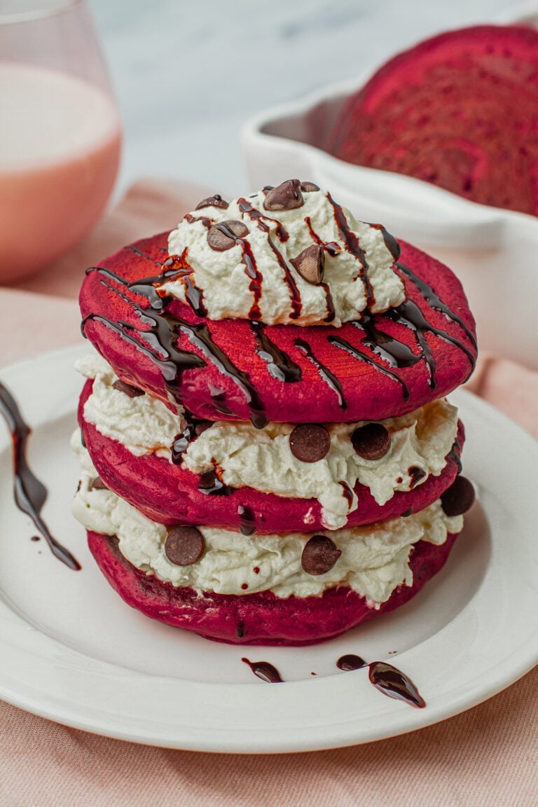 Fluffy Red Velvet Pancakes With Cream Cheese Whipped Cream